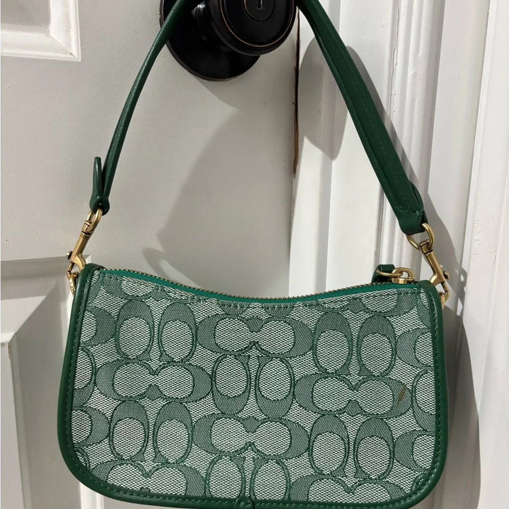 Coach Green Signature Jacquard Mini Swinger Baguette Shoulder Bag Rare Color - Picture 9 of 12